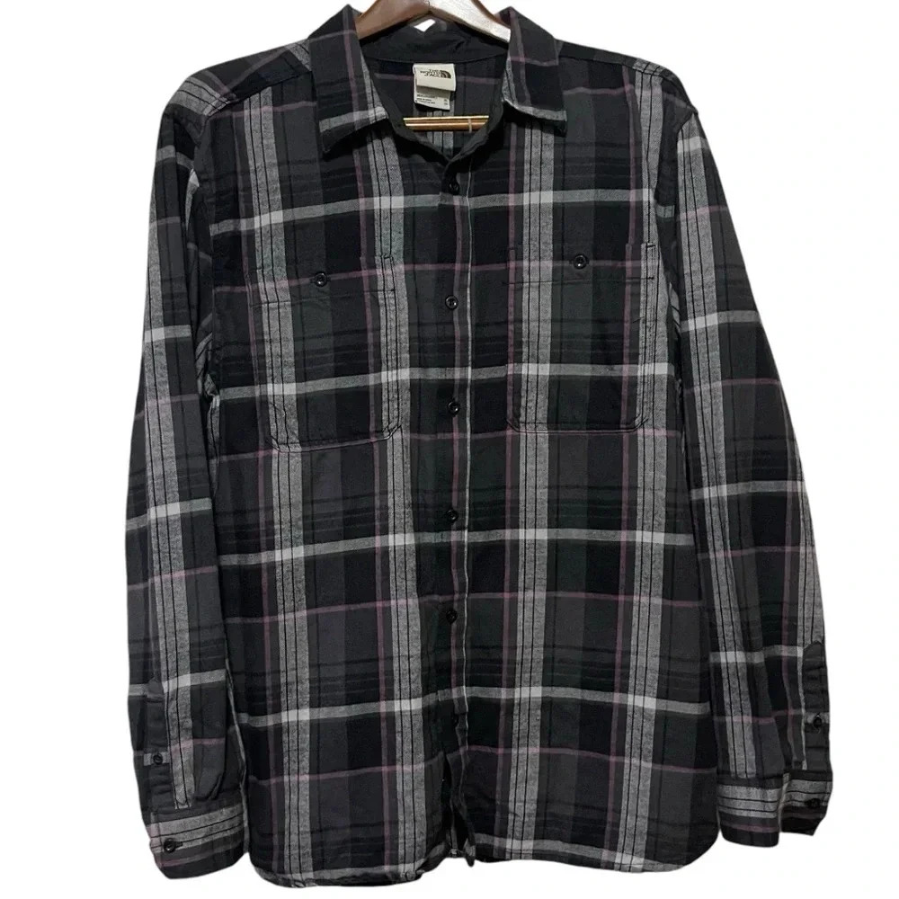 The North Face Flannel Mens Large Plaid Black Purple Button Shirt Outdoor Hiking